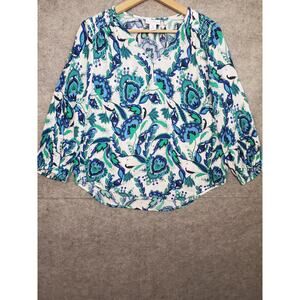 Women's Liz Claiborne Size Medium White Blue & Green Paisley Boho Blouse